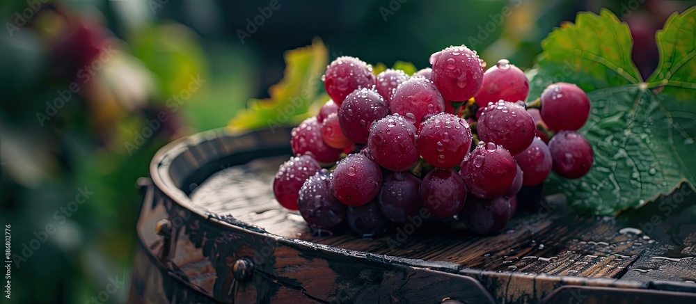Poster Copy space image of a grape placed on a wine barrel in an outdoor setting.
