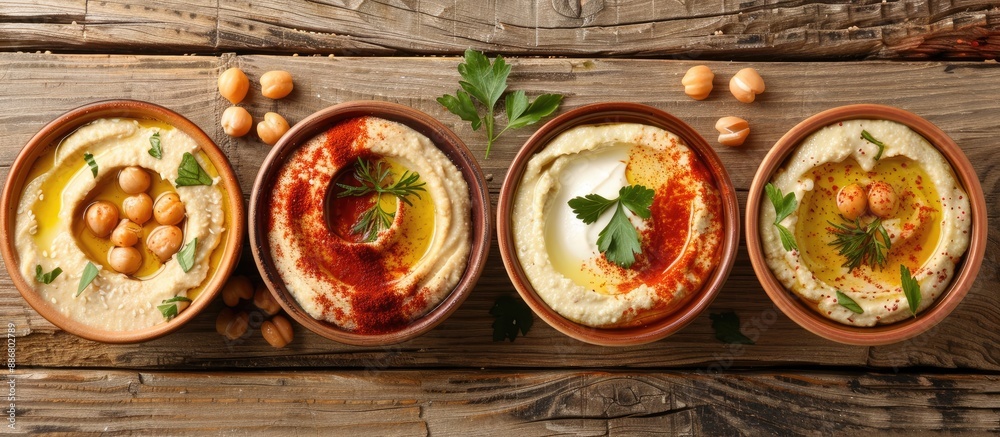 Poster various delectable hummus varieties presented on a wooden surface in a flat lay composition, featuri