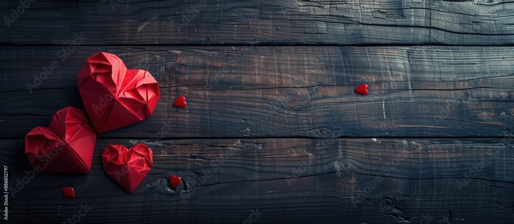 Poster valentine's day themed composition featuring two red paper hearts displayed on a dark wooden surface