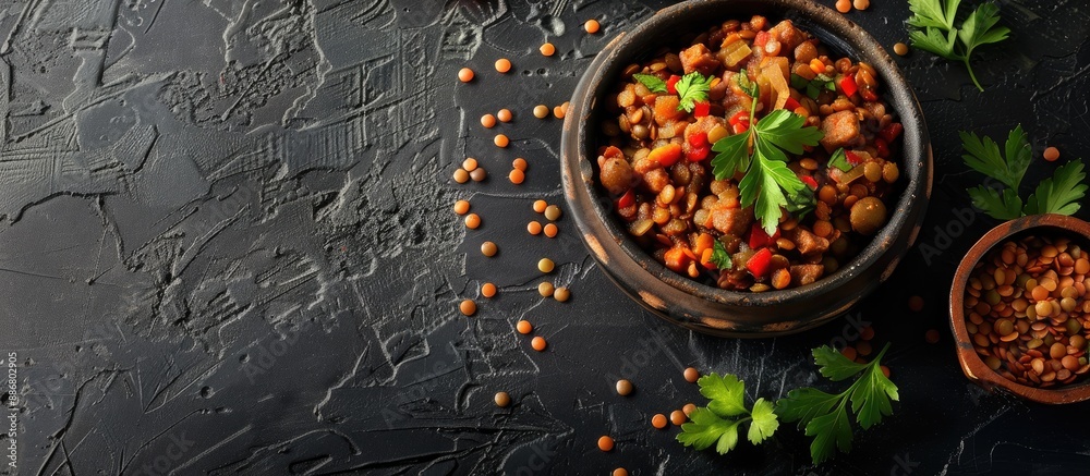 Aufkleber freshly cooked lentils mixed with savory beef or pork, served as an appetizer or a meal, placed on t