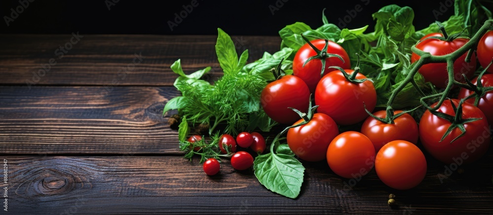 Poster fresh ingredients like grape tomatoes, basil, and arugula arranged on a dark wooden table for use in