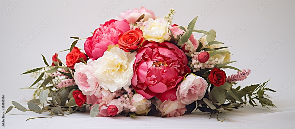 Poster a wedding bouquet with red and pink roses and peonies stands alone with a white backdrop, ideal for 