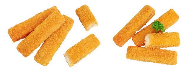 Fish finger or stick isolated on white background. Top view. Flat lay.
