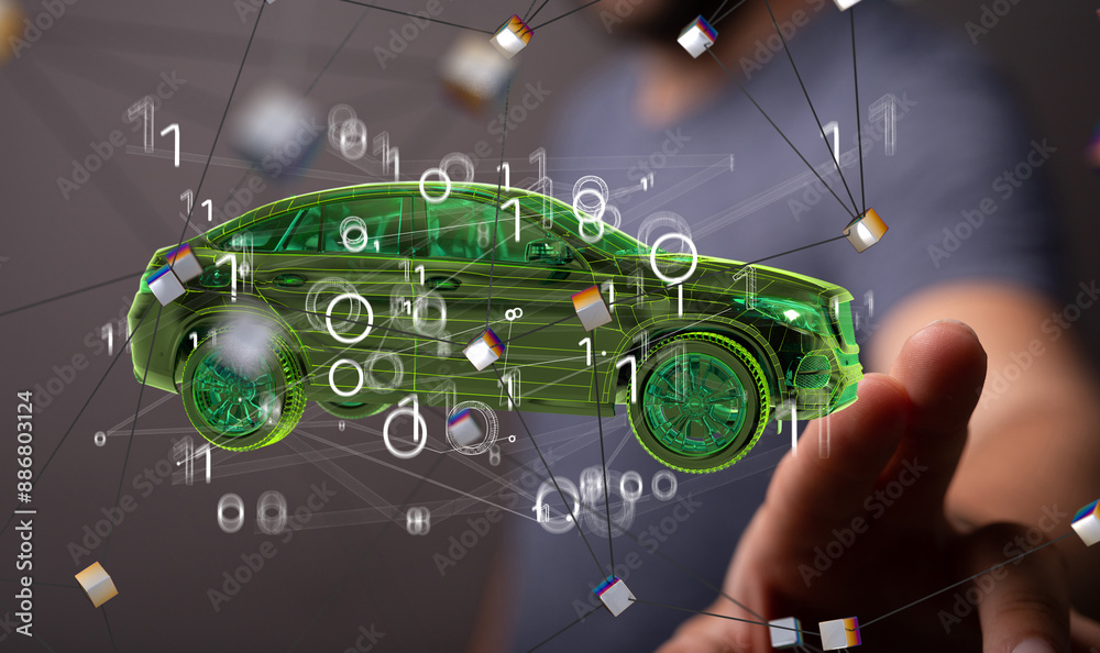 Poster Autonomous car with HUD graphic of Navigation system driving