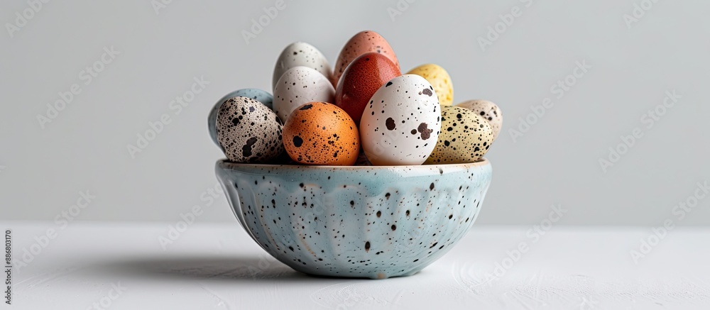 Poster colorful quail eggs displayed in a small container against a white backdrop, embodying an easter the
