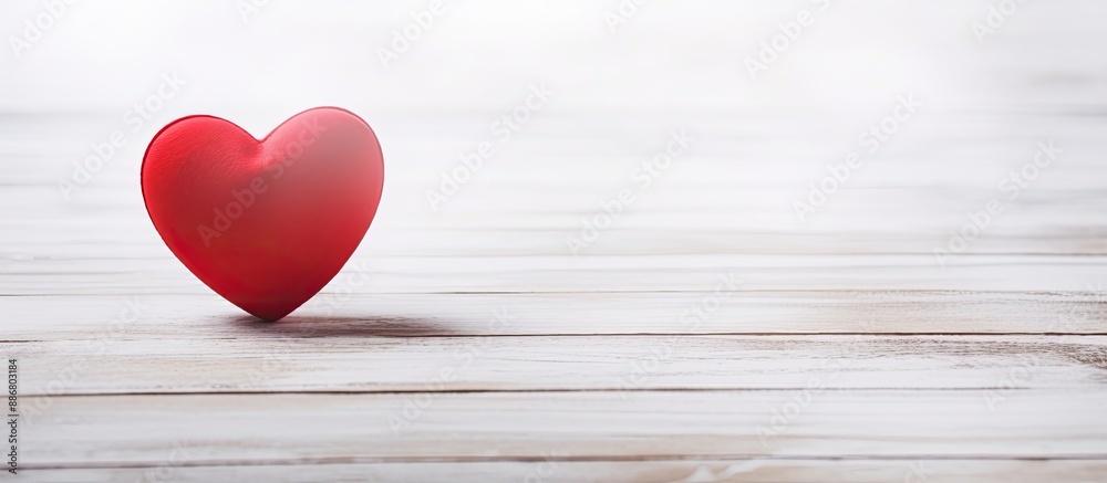 Poster Valentine's Day concept with a red heart on a white rustic wooden background, creating a soft focus effect, ideal for images with copy space.