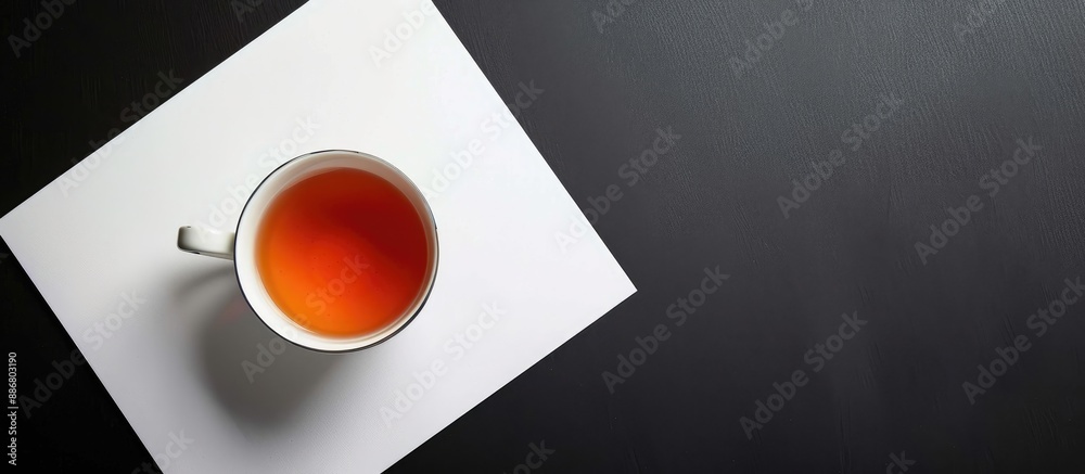 Poster a white paper sheet with space for text, a tea cup on a black background in the image.