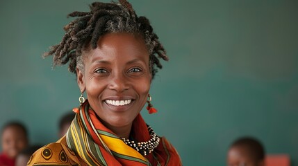 African teacher smiling while explaining a lesson to students in a vibrant classroom representing educational dedication and joy Portrait, Realistic Photo, High resolution, Half-body picture,