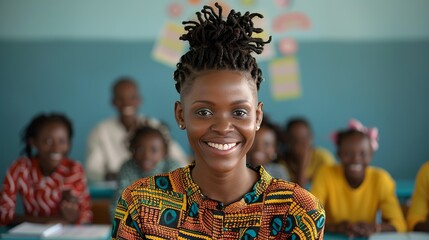 African teacher smiling while explaining a lesson to students in a vibrant classroom representing educational dedication and joy Portrait, Realistic Photo, High resolution, Half-body picture,