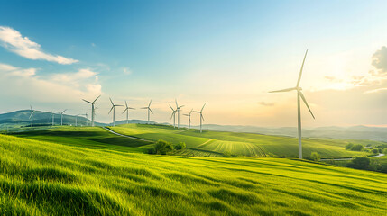 Serene Landscape of Rolling Hills and Wind Turbines Under a Clear Sky