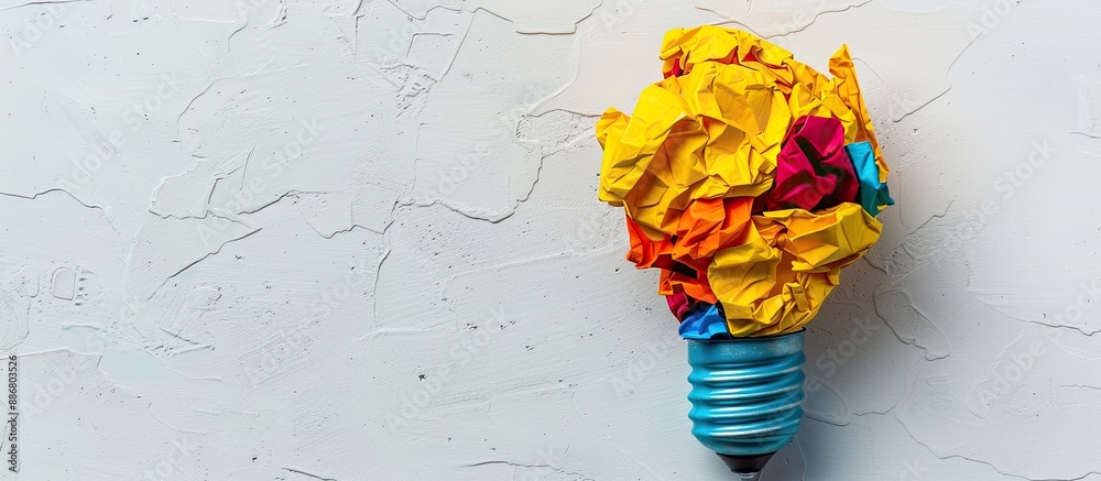 Poster Crumpled colored paper shaped like a yellow light bulb on a white background with a copy space image.