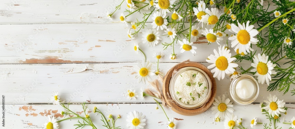 Poster chamomile flower beauty product samples displayed on a white wooden table with copy space image.