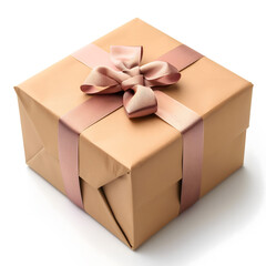 Elegant Peach-Colored Gift Box with Satin Ribbon Isolated on White