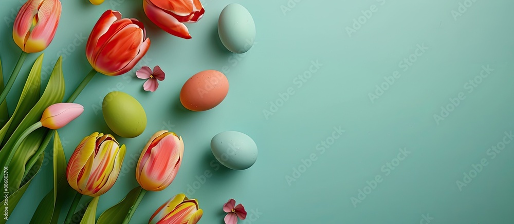 Poster easter-themed mockup featuring a tulip arrangement alongside colored eggs, viewed from above with co
