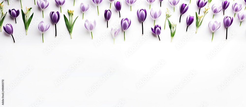 Aufkleber Top-down view of lovely spring snowdrops and violet crocuses arranged on a white backdrop, with ample room for text in the image.