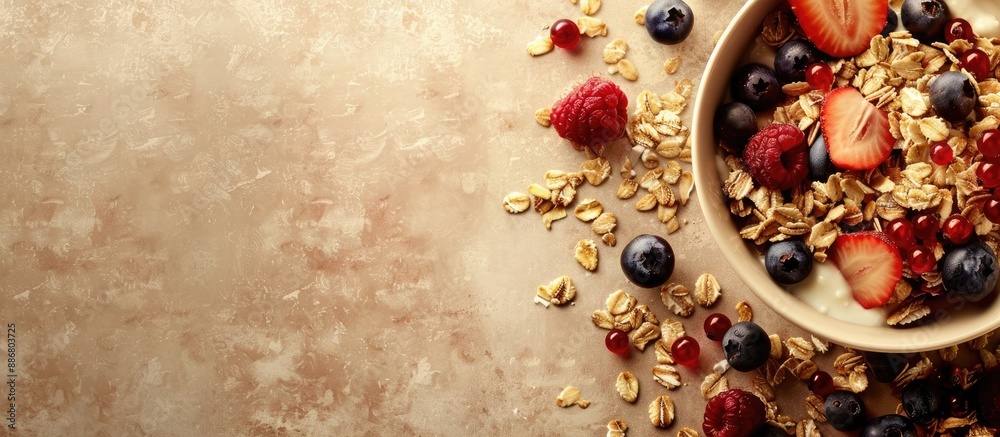 Poster A breakfast muesli with ripe berries displayed on a table alongside a blank space for text or graphics.