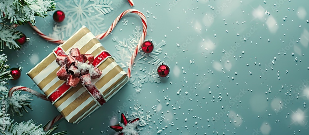 Poster top view composition with a striped gift box on a holiday greeting card featuring a merry christmas 