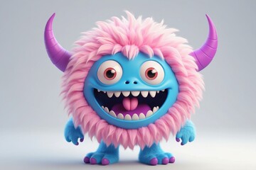 Naklejka premium Funny cute adorable fluffy furry 3D cartoon character monster portrait on isolated background. 