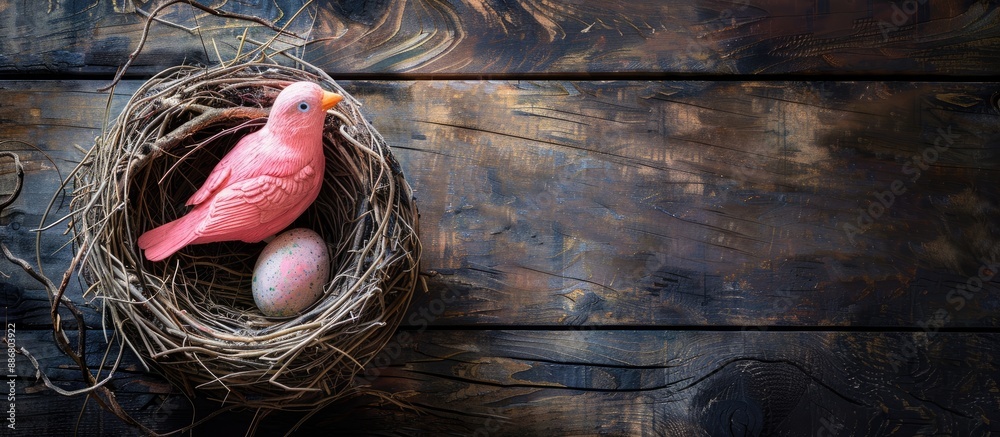 Poster a pink bird sitting on an easter egg in a nest against a dark wooden background with ample copy spac