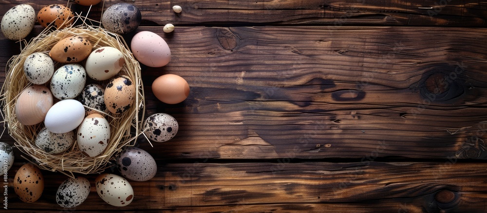 Aufkleber Top view of a wooden table with a nest holding chicken and quail eggs, surrounded by Easter eggs, providing ample copy space image.