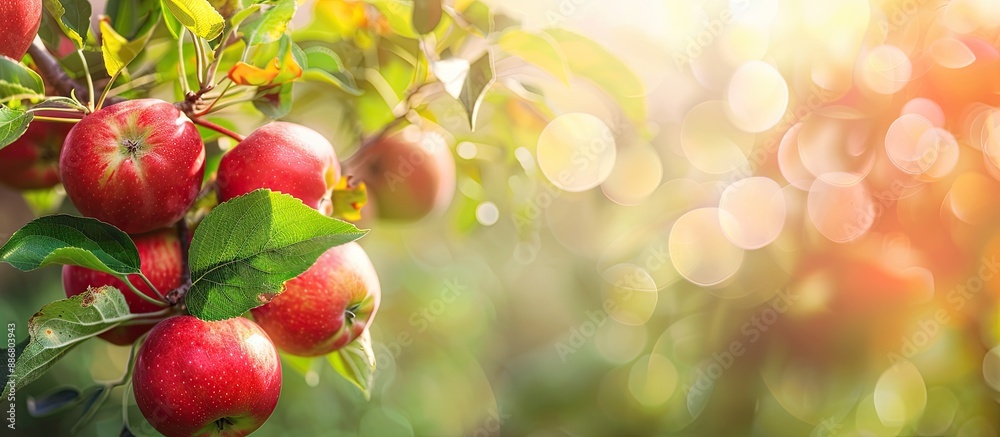 Poster Red apples hanging from a branch of an apple tree in the garden with copy space image.