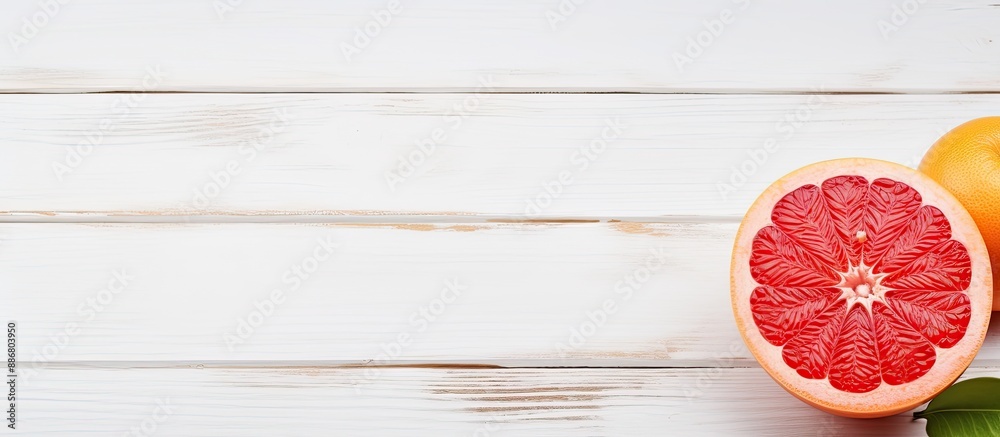 Poster a grapefruit on a white wooden surface with a spoon beside it, showcasing a copy space image.
