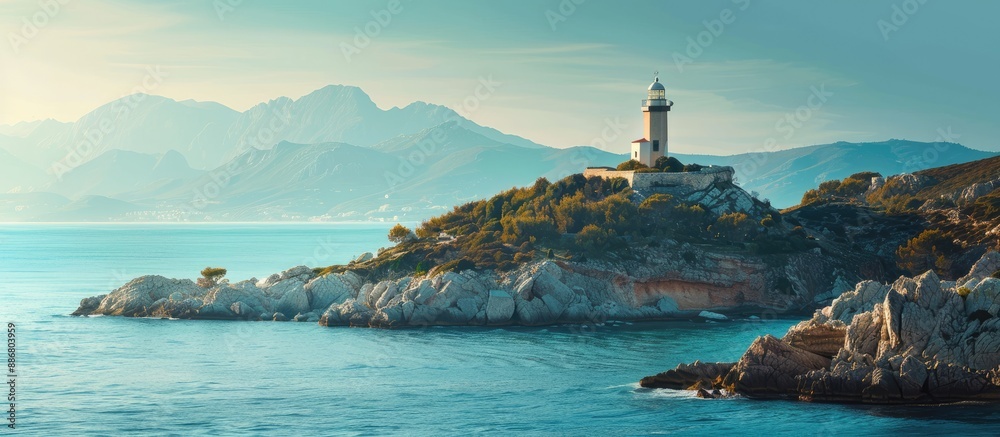 Poster a scenic mediterranean view featuring a lighthouse on an island with copy space image.