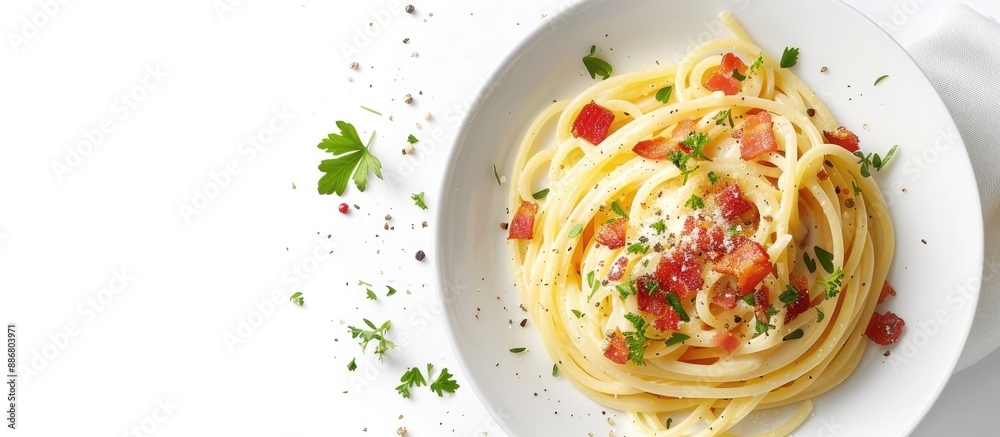 Aufkleber italian spaghetti with creamy white cheese sauce and crispy bacon, shown in a copy space image on a 