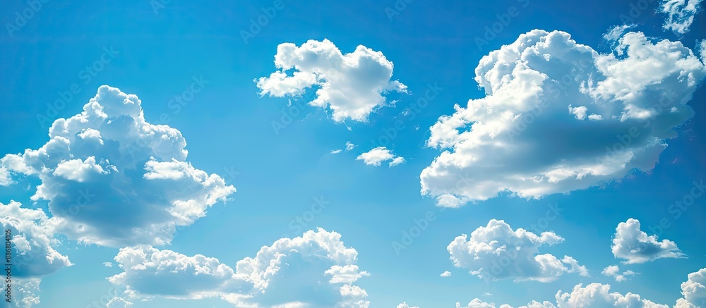 Poster the expansive blue sky adorned with fluffy white clouds, providing a serene backdrop for copy space 