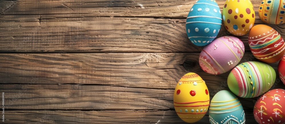 Poster Colorful Easter eggs displayed on a wooden surface with a blank area available for additional images or text.