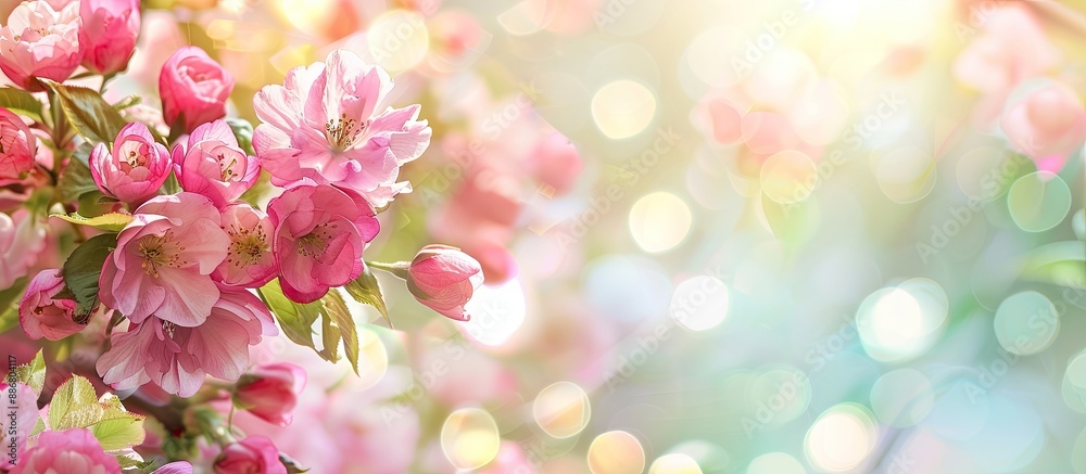 Poster Background of blooming spring flowers with ample space for text or images.