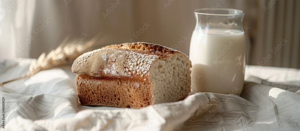Poster a slice of bread and a glass of milk placed on a cloth-covered table with ample copy space image.