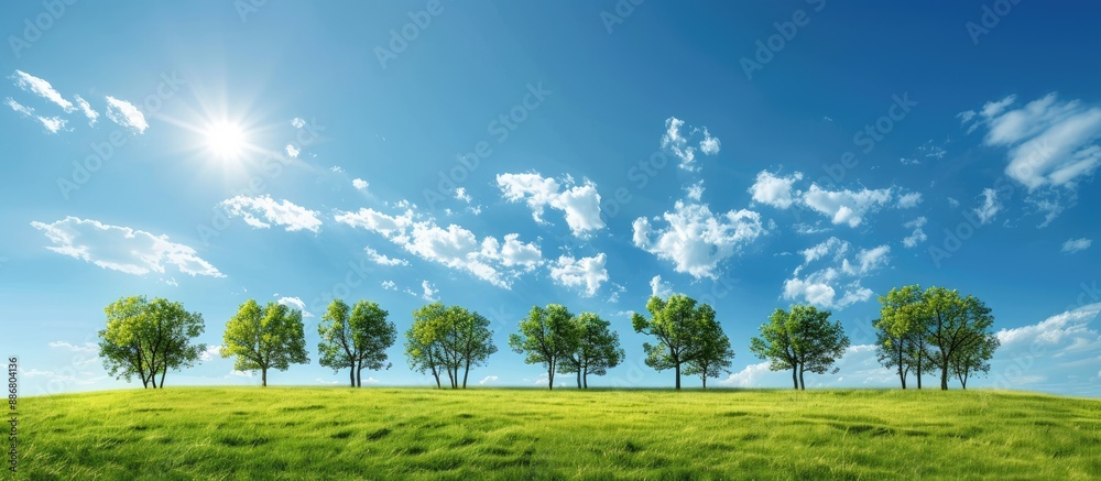 Aufkleber scenic view of a meadow with a row of trees under a sunny blue sky, ideal for a copy space image.