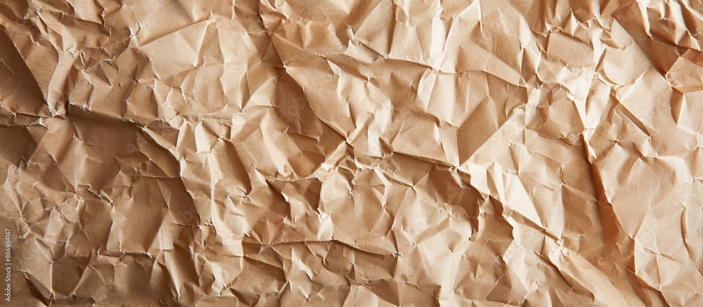 Sticker crumpled craft paper with a beige tone creating a textured and recycled look against a brown backgro