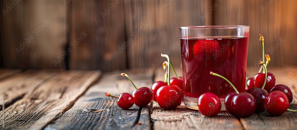 Poster homemade cherry juice placed on a table with a wooden background, offering copy space image.