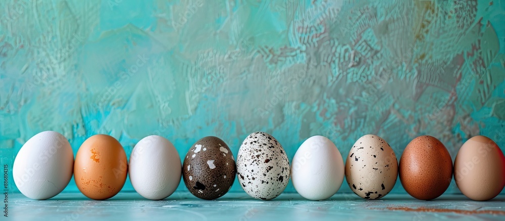 Poster different kinds of eggs including white goose, brown chicken, and spotted quail eggs displayed again