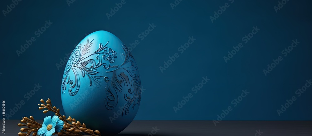 Poster easter-themed ceramic egg decoration in bright blue displayed against a gray backdrop with copy spac