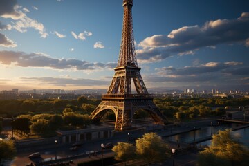 Naklejka premium Eiffel Tower at sunset in Paris France Romantic Travel background, generative IA