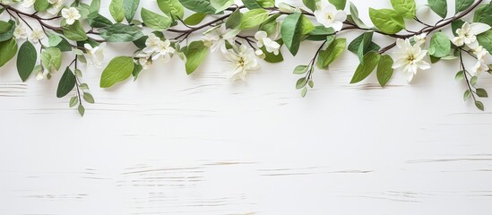 Top view of spring twigs on a shabby white wooden background with green leaves, creating a frame in a flat lay composition with copy space image.