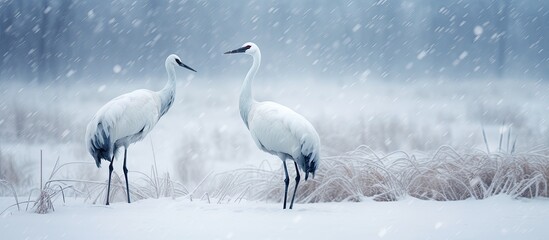 Obraz premium Snowy Hokkaido wildlife scene featuring two Red-crowned cranes in a snowy meadow during a snowstorm with copy space image.