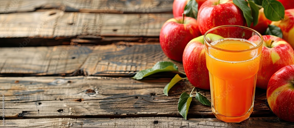 Poster Apples and apple juice displayed on a wooden surface with room for additional images.