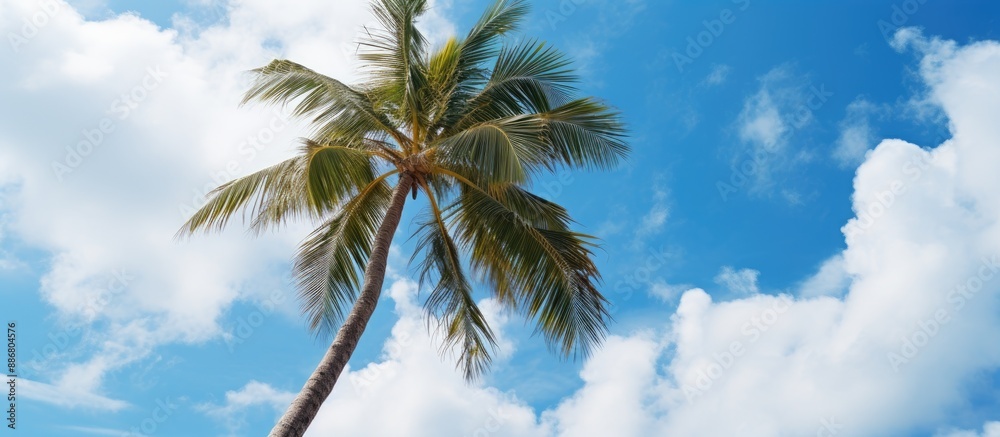 Poster Detailed close-up view of a coconut tree against a backdrop of clouds in the sky, ideal for a copy space image.