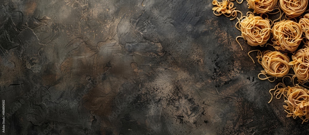 Poster dried pasta displayed on a dark tabletop with ample copy space image available.