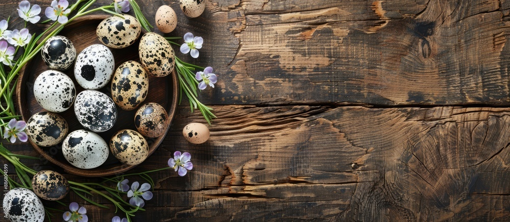 Aufkleber Quail eggs displayed on rustic wooden boards with a clear section for additional content in the image.
