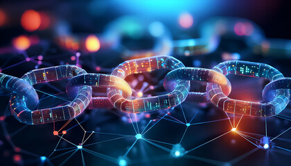 Digital rendering of a blockchain network, showing glowing, interconnected links. Concept of cryptocurrency, data security, and distributed ledger technology.	