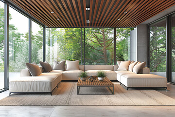 A modern living room with large glass windows, white furniture, and a wooden ceiling, blending indoor and outdoor spaces seamlessly.