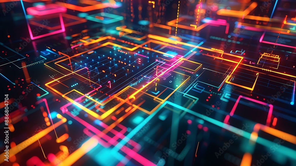 Poster A dynamic abstract artwork showcasing colorful neon geometric forms and illuminated structures in a digital cyberspace environment with a dark backdrop