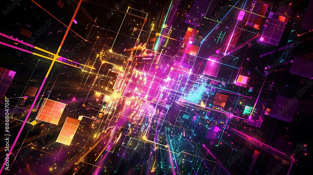 Poster A dynamic abstract artwork showcasing colorful neon geometric forms and illuminated structures in a digital cyberspace environment with a dark backdrop