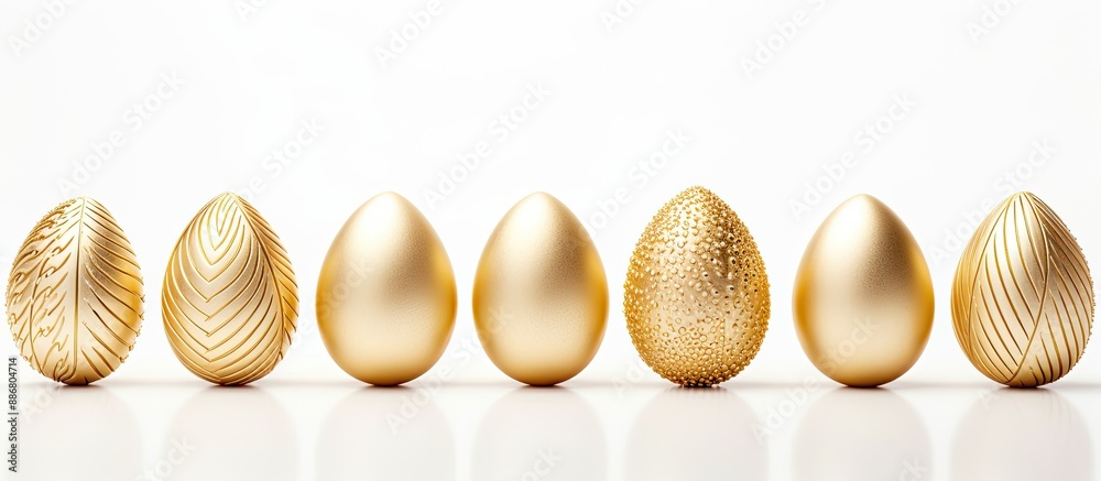 Poster Minimal Easter concept with a pattern composition of golden eggs on a white background, ideal for a copy space image.