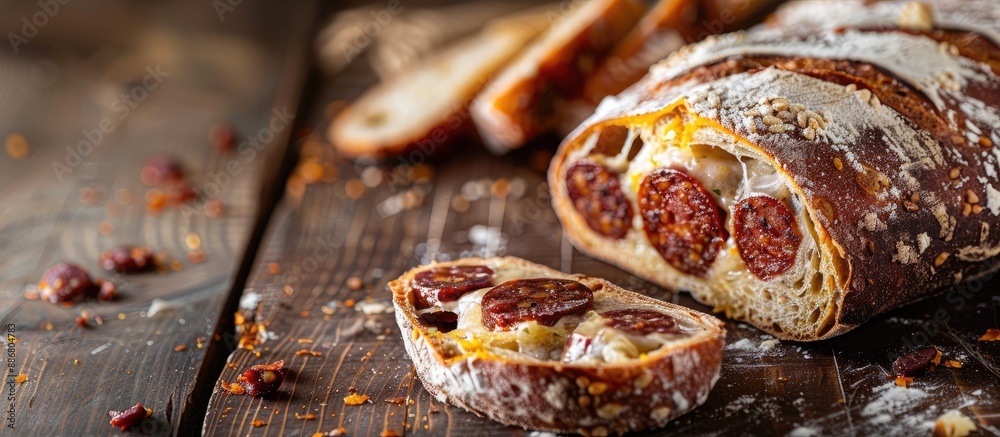 Poster Handcrafted bread with natural fermentation filled with Calabrian sausage and cheese, displayed on a wooden table with a sliced piece and ample copy space image.